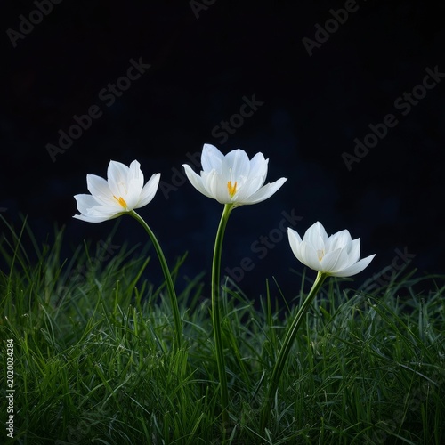 Three White Flowers Stand Tall in Green Grass Under Soft Light on a Dark Back...