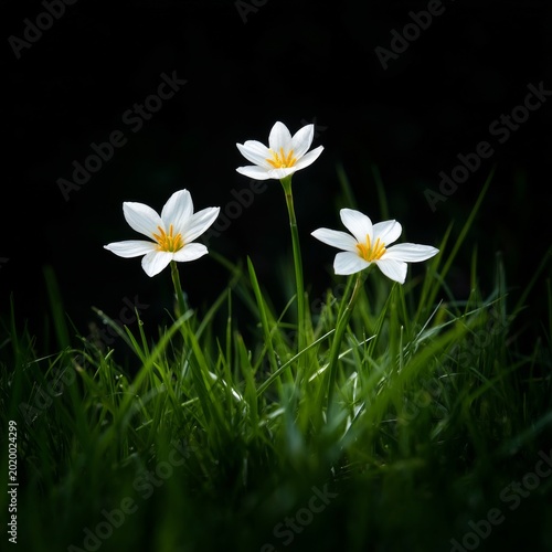 Three White Flowers Stand Tall in Grass Under Soft Light During a Quiet Momen...