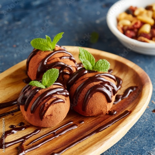 Dessert Plate With Chocolate Truffles and Mint Leaves on a Wooden Board