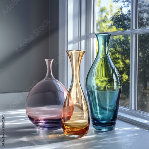Bright Window With Three Glass Vases of Different Shapes and Colors Sitting o...