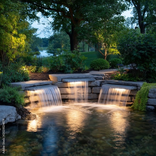 Waterfall at a Garden in the Evening With Lights and Surrounding Trees Near a...