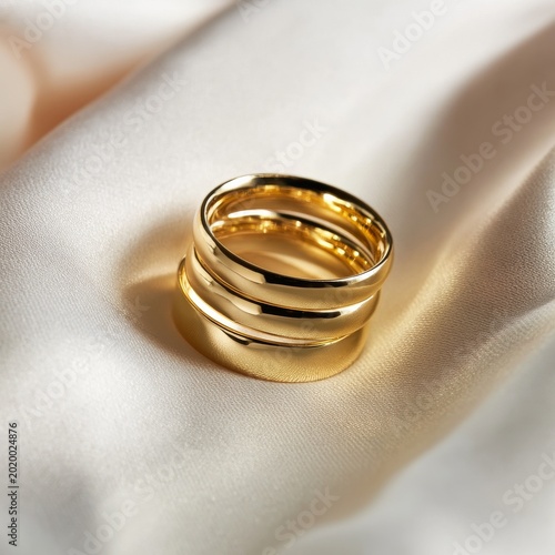 Three Gold Rings Placed on a Soft Fabric Background During the Daytime in a S...