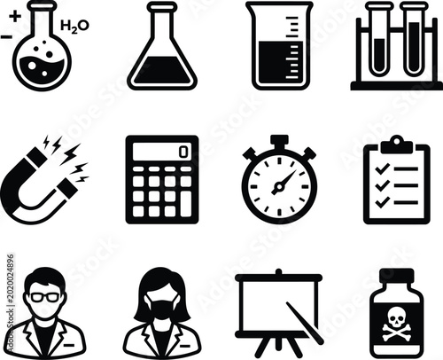 Fényképezés Science and Laboratory Icon Set - Chemistry Research, STEM Education, and Lab Eq