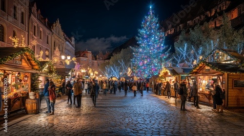 People shopping at festive market stalls with a large illuminated christmas tree at night