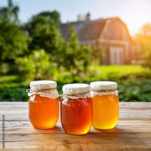 Honey Jars Placed on Wooden Table With Garden and House in Background During ...