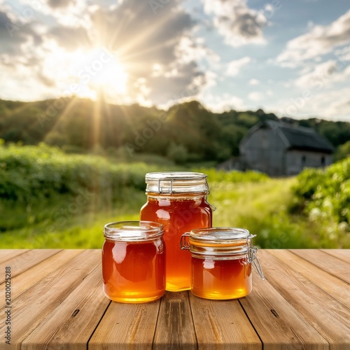 Honey Jars Placed on Wooden Table With Garden and House in Background During ...