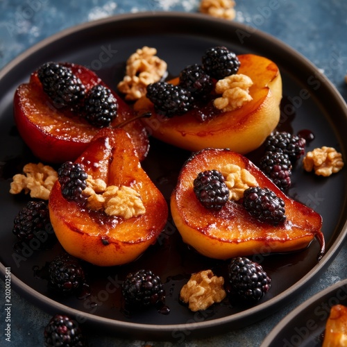 Fruit Dessert Served on a Black Plate With Berries and Nuts in a Kitchen Sett...