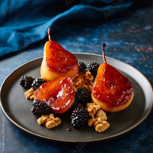 Delicious Dessert With Baked Fruit, Walnuts, and Blackberries on a Dark Plate