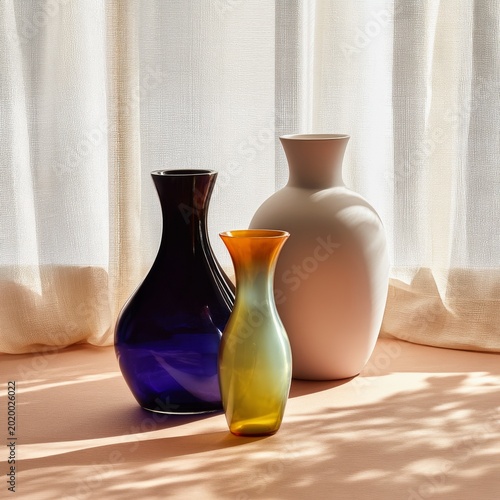 Three Vases on a Table in Front of a Window With Sheer Curtains During the Day