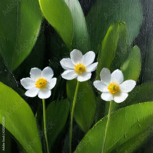 Three White Flowers Grow Among Green Leaves in a Natural Setting During Brigh...