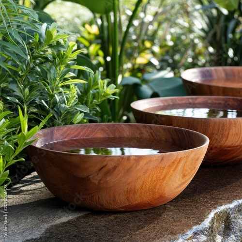 Natural Wooden Bowls Filled With Water Near Greenery in a Garden Setting