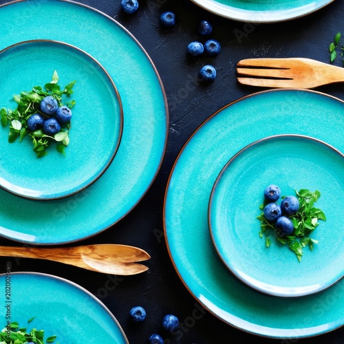 Blue Plates With Blueberries and Herbs Arranged on Black Surface for a Meal S...