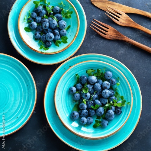 Blue Plates With Blueberries and Herbs Arranged on Black Surface for a Meal S...