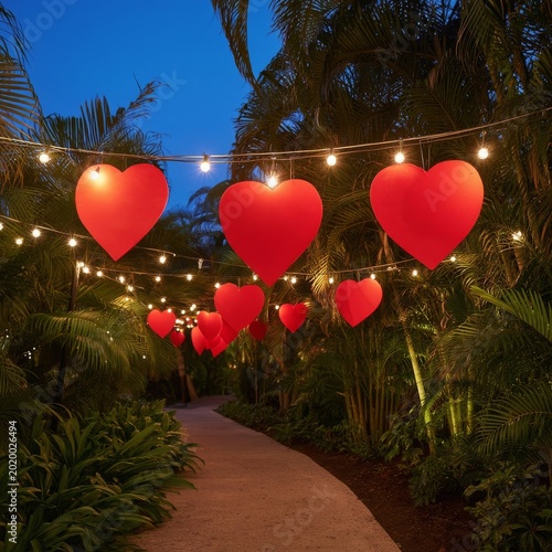 Red Heart Decorations Light up a Path Surrounded by Plants at Night in a Trop...
