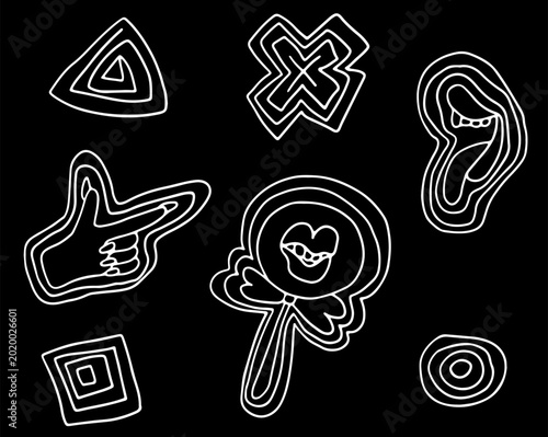 Vector set of white doodles in pop-art style: cross, lollipop with lips, hand, mouth, circle and square. Simple abstract shapes, fun design isolated on black background