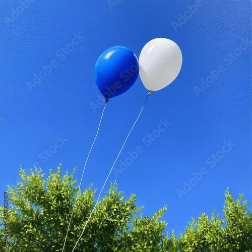 Colorful Balloons Float Above Green Trees Under a Clear Blue Sky During the Day