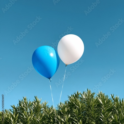 Balloons Floating Above Green Shrubbery Under a Clear Blue Sky During the Day