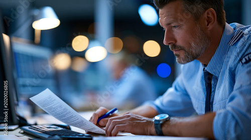 Close-up of a police officer reviewing a criminal case file while sitting at a computer at night  night investigation concept  officer computer review photography  criminal