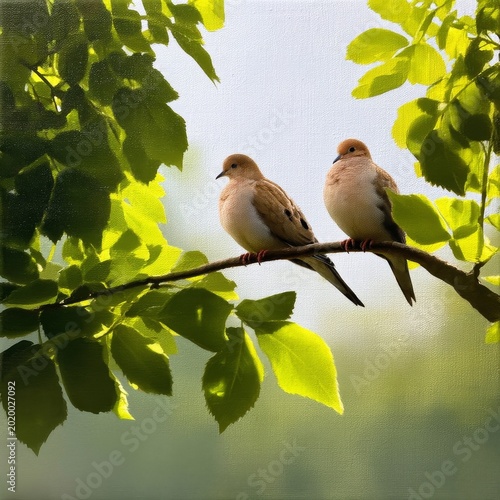 Two Birds Sit on a Branch Among Green Leaves in Bright Light Near a Forest