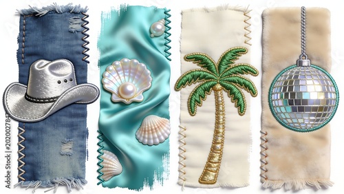 Embroidered fabric pieces: 'Denim' embroidered with a cowboy hat design, silk inlaid with pearls, canvas embroidered with palm trees, and 'Leather' embroidered with a disco ball design.