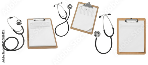 Medical clipboard with stethoscope set on white background – hospital checkup documents, doctor tools and healthcare diagnostics concept

