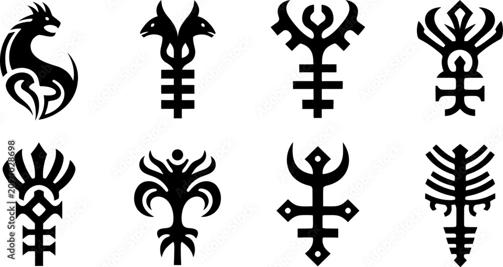 Εκτύπωση καμβά Collection of abstract tribal ancient symbols and fantasy mythological glyphs ve