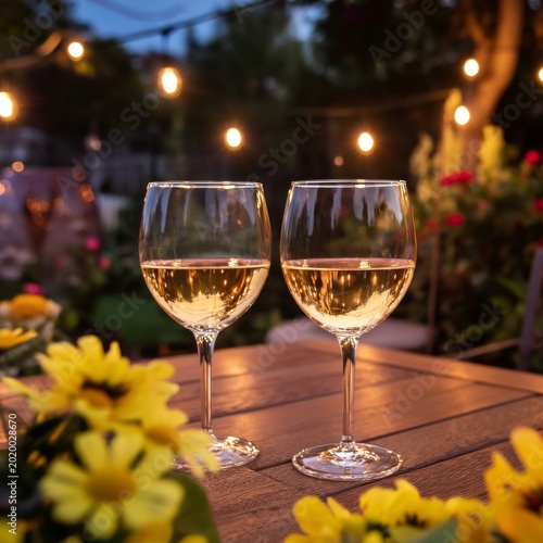Two Glasses of White Wine on a Wooden Table With Flowers and Lights at Sunset...