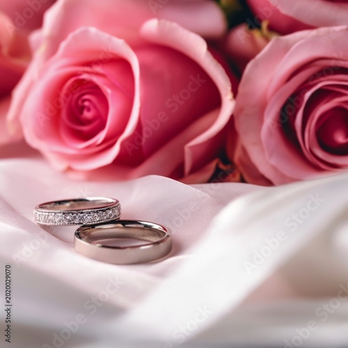 Wedding Rings Placed on Pink Roses in a Soft Fabric Setting for an Event Cele...
