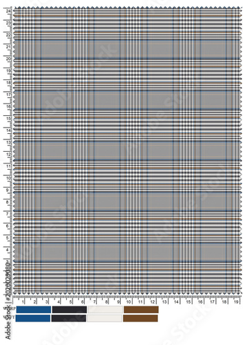 Canvas Print Grey glen plaid pattern textile fabric swatch with subtle blue and brown windowpane checks