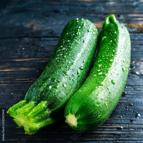 Fresh Zucchini on a Wooden Surface With Droplets of Water in a Kitchen Setting