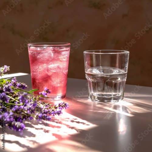 Refreshing Drinks on a Table With Lavender Plants in a Garden During a Sunny ...
