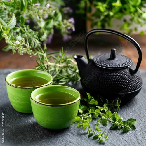 Tea Preparation With Green Cups and Iron Kettle Amid Herbs on a Kitchen Counter