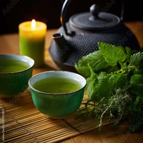 Mint Tea Preparation With Teapot and Candles on Wooden Table in Evening Setting