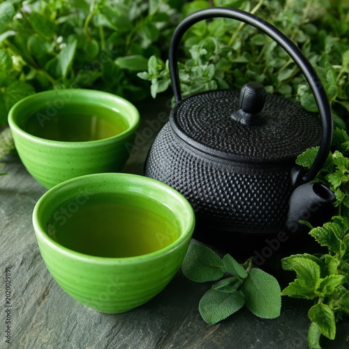 Tea Preparation With Green Cups and Iron Kettle Amid Herbs on a Kitchen Counter