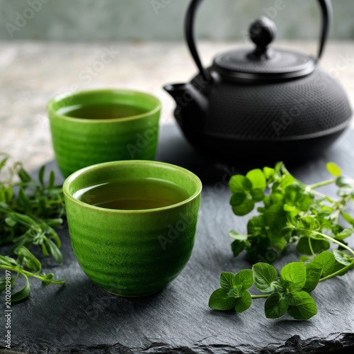 Enjoying Green Tea With a Cast Iron Teapot and Bowls in a Garden Setting Duri...