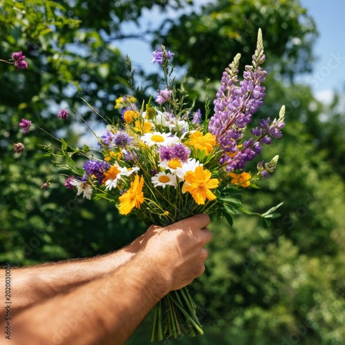 Fresh Wildflowers Held in Hands During a Bright Sunny Day in a Garden