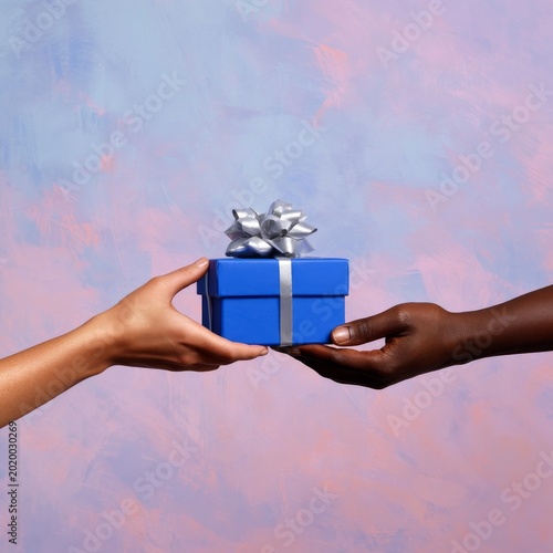 Two Hands Exchange a Blue Gift Box With a Silver Bow Against a Colorful Backg...