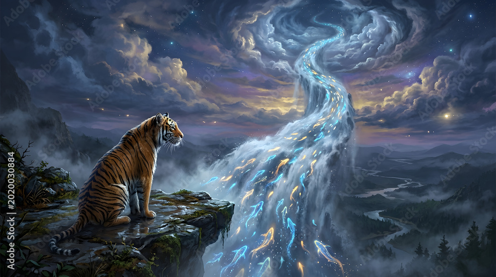 Fototapeta premium Majestic tiger sitting near glowing waterfall in mystical jungle fantasy night scene