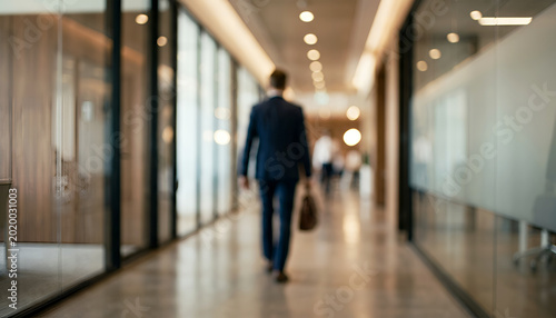 Foto A businessman in a suit walks through a modern office hallway, carrying a briefcase