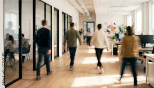 Photos A group of people walking through a modern office corridor with glass partitions, showcasing a collaborative work environment and natural light
