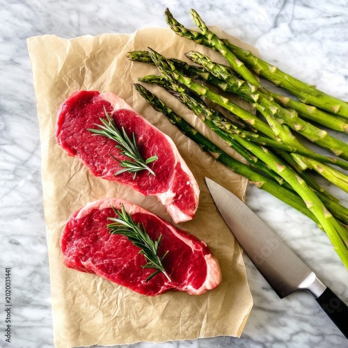 Fresh Meat and Green Vegetables Prepared for Cooking on a Kitchen Counter