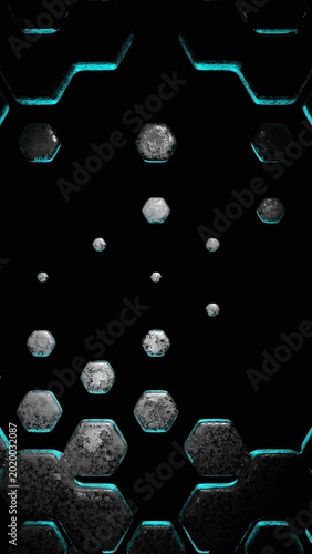 Dark metal hexagon pattern with cyan neon glowing edges and floating stone textured 
hexagons of varying sizes on black background
