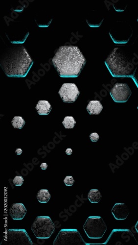 Floating stone textured hexagons of varying sizes scattering on black background 
with cyan neon glowing metal hexagon borders at top and bottom