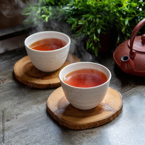 Tea Cups Sit on Wooden Coasters Next to a Teapot in a Cozy Setting With Green...