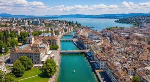Aerial view of Zurich cityscape with Limmat river and Lake Zurich