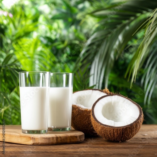 Coconut Water Served in Glasses Next to Fresh Coconuts on Wooden Board With G...