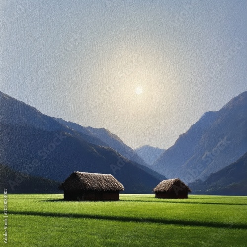 Sunny Morning in the Mountains With Cabins and Green Fields Near the Hills