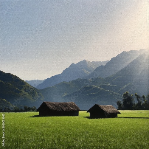 Sunrise Over Grassy Field With Two Houses Near Mountains in Hawaii