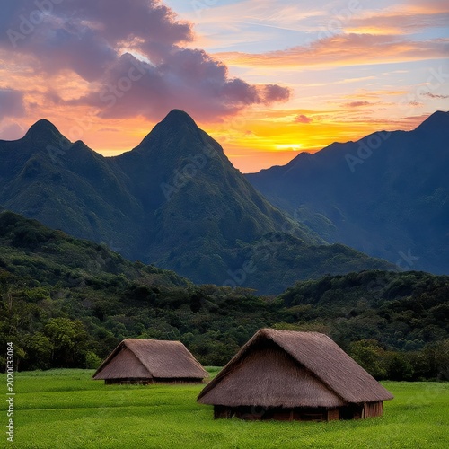 Mountains and Huts at Sunset in a Rural Area With Green Fields and Trees
