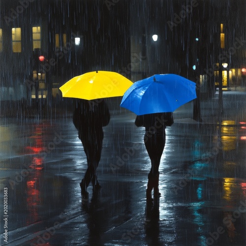 Two People Walk in the Rain Under Blue and Yellow Umbrellas on a City Street ...